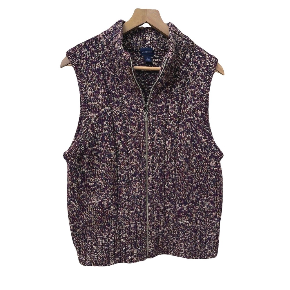 Westbound Sweater Vest Medium Purple Tan Marled Cable Knit Full Zip Mock Neck